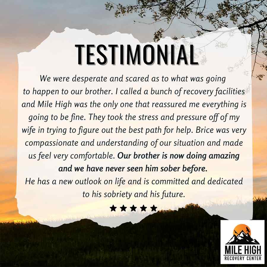 Alt text: Testimonial text against a sunset background with tree branches. "Mile High Recovery Center" logo features a mountain design. Tone is hopeful, reflecting gratitude for addiction recovery support.