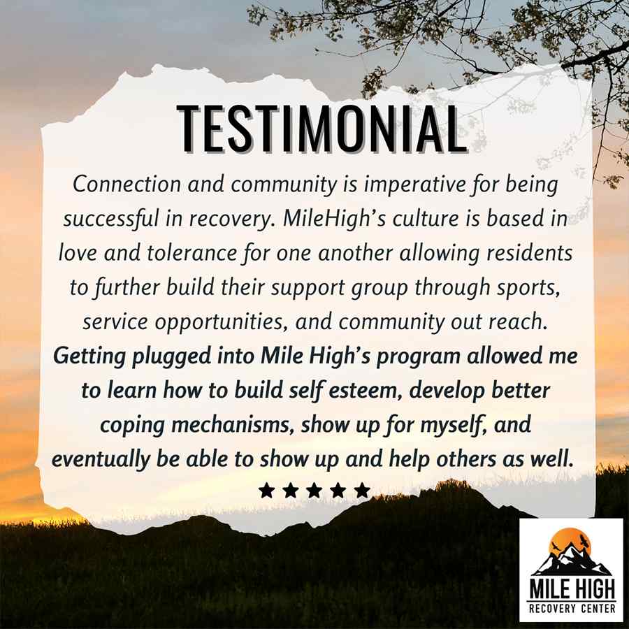 Testimonial on a sunset backdrop with a tree silhouette. Text praises Mile High Recovery Center’s supportive community. Logo in bottom right.