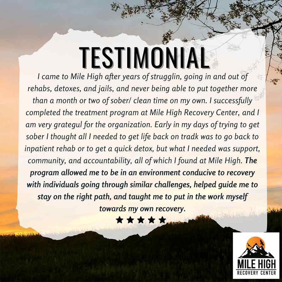 Testimonial with a sunset background features a text praising Mile High Recovery Center for support and recovery. Includes a five-star rating and the center's logo.