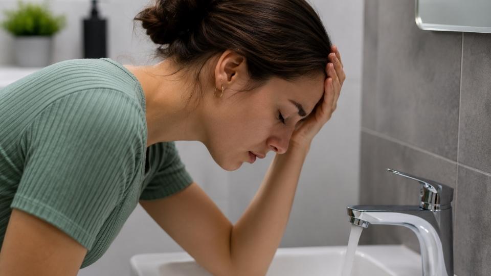 Alcohol Poisoning Symptoms vs Drunk hero image of a woman feeling extremely nauseous.