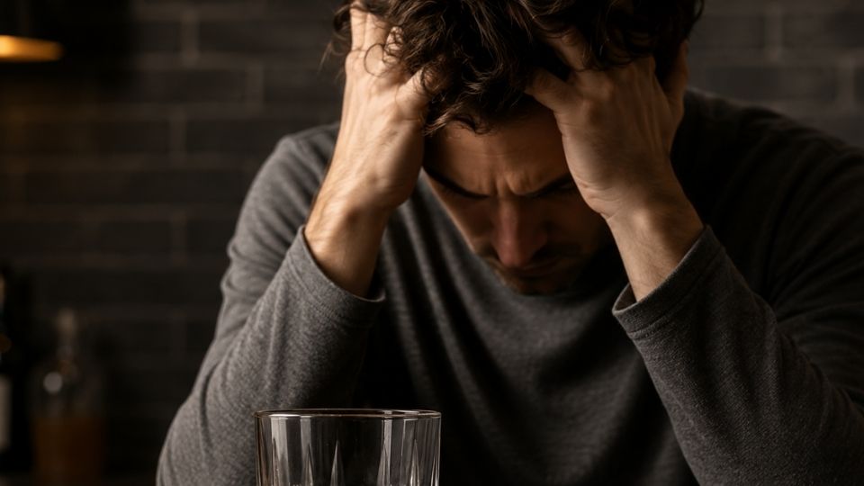 Alcohol Withdrawal Symptoms hero image of man struggling with alcohol.