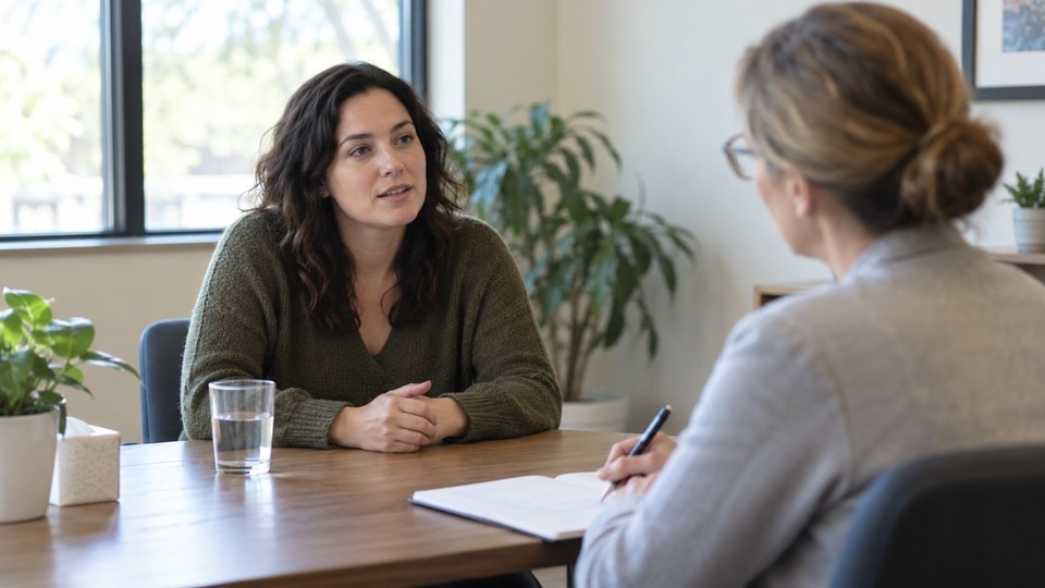 Pharmacist reviewing a medication list with a patient about gabapentin and alcohol interactions.