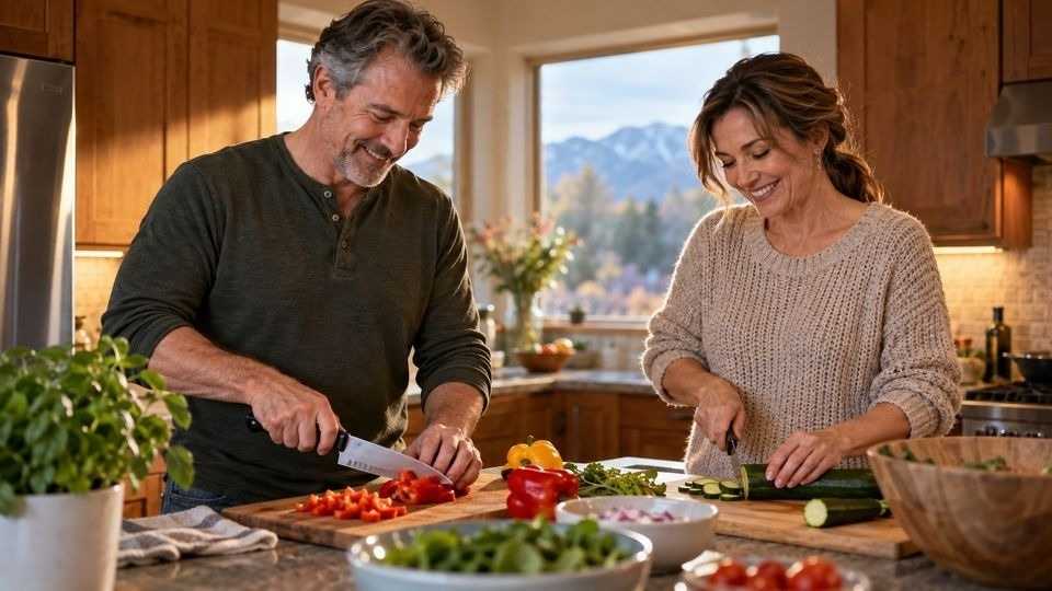 Couple cooking dinner together, a small step in overcoming anhedonia during addiction recovery.