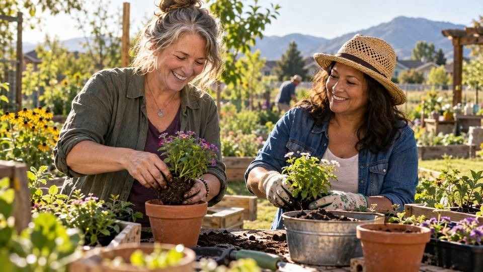Two friends potting plants, a new hobby that helps when sober and unhappy.