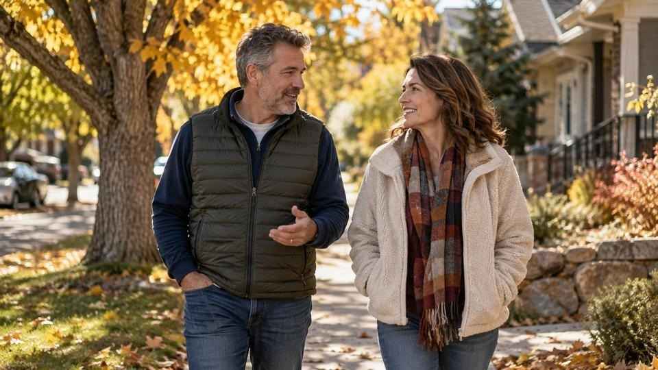 Two friends on a morning walk, a daily habit that helps with depression after stopping drinking/