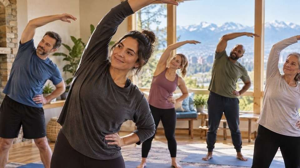 Adults stretching together in a morning class, part of a typical day in residential rehab