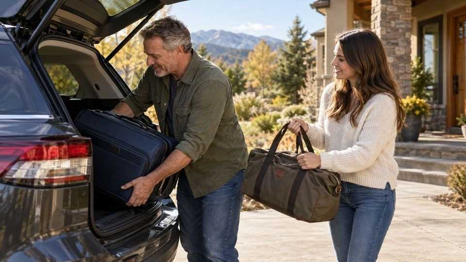Man packing his car with his daughter after finishing rehab, ready for long term recovery.