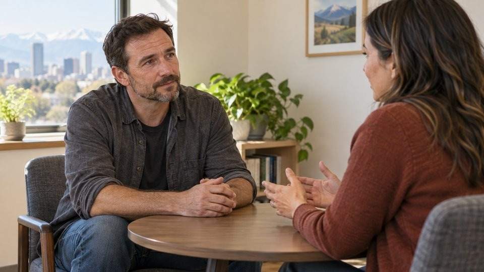 Man meeting with a counselor about suicidal thoughts in early sobriety.