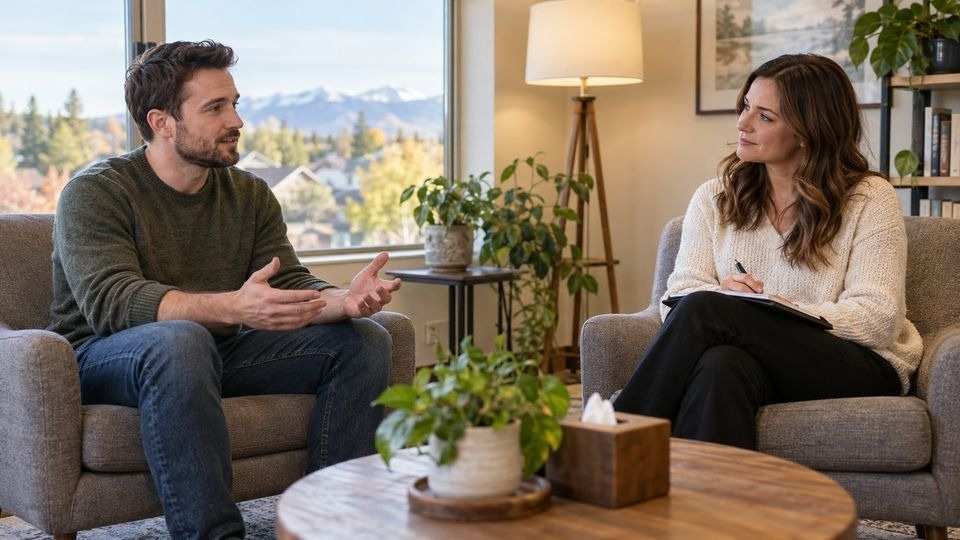 Man talking with a therapist about co-occurring depression after quitting drinking.