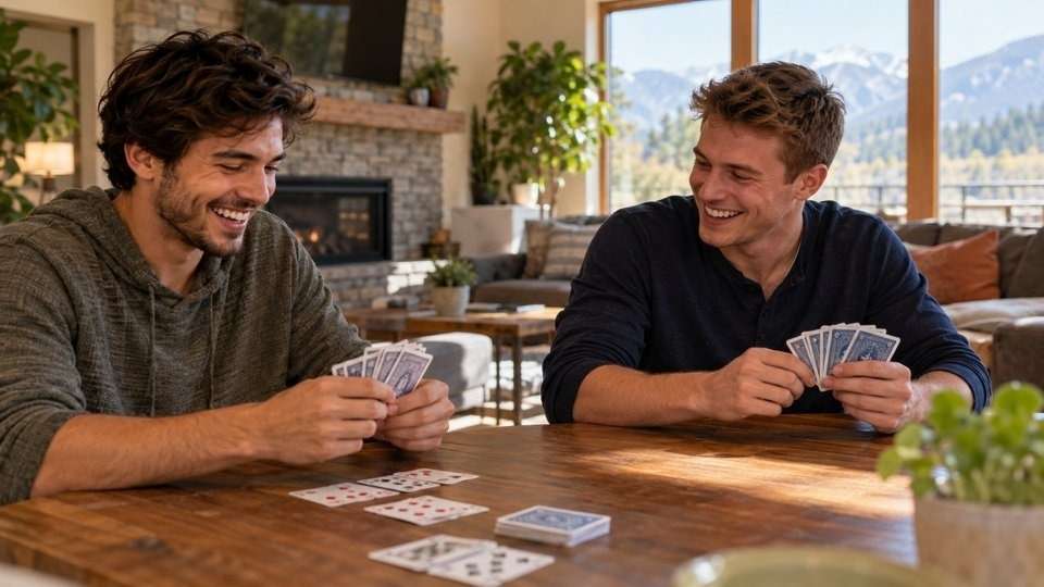 Two men playing cards in a common room, staying connected in person while phone in rehab time is limited.