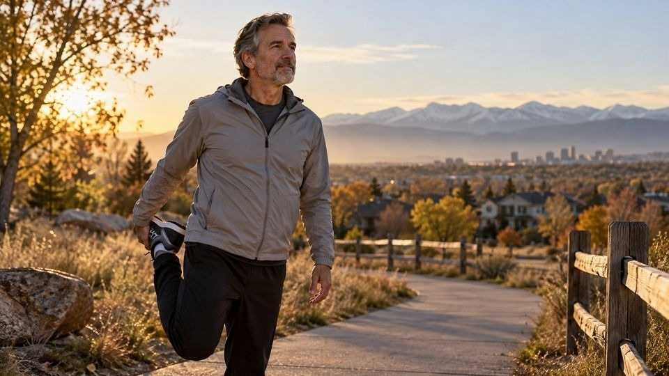 Man stretching on a park path as part of a daily routine at 30 days sober.