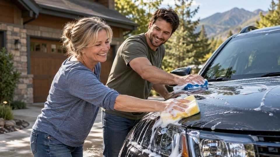 Mother and son washing a car together, offering ongoing support after someone leaves rehab.