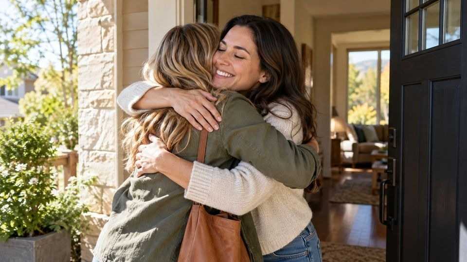 Sisters hugging during a visit, showing support for someone in rehab.