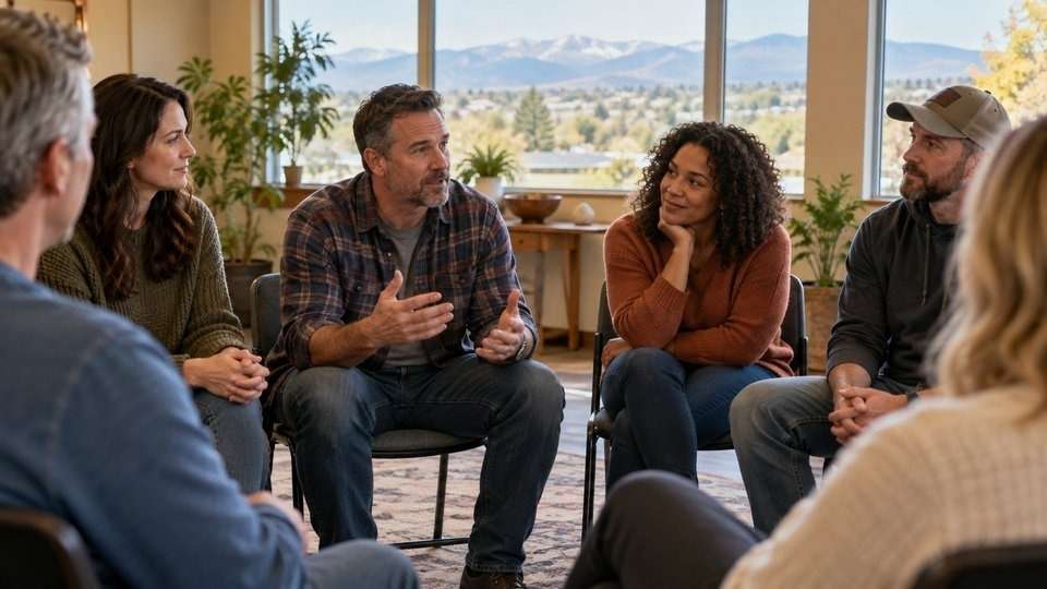 Support group meeting where people in recovery talk about pink cloud syndrome and what comes after.