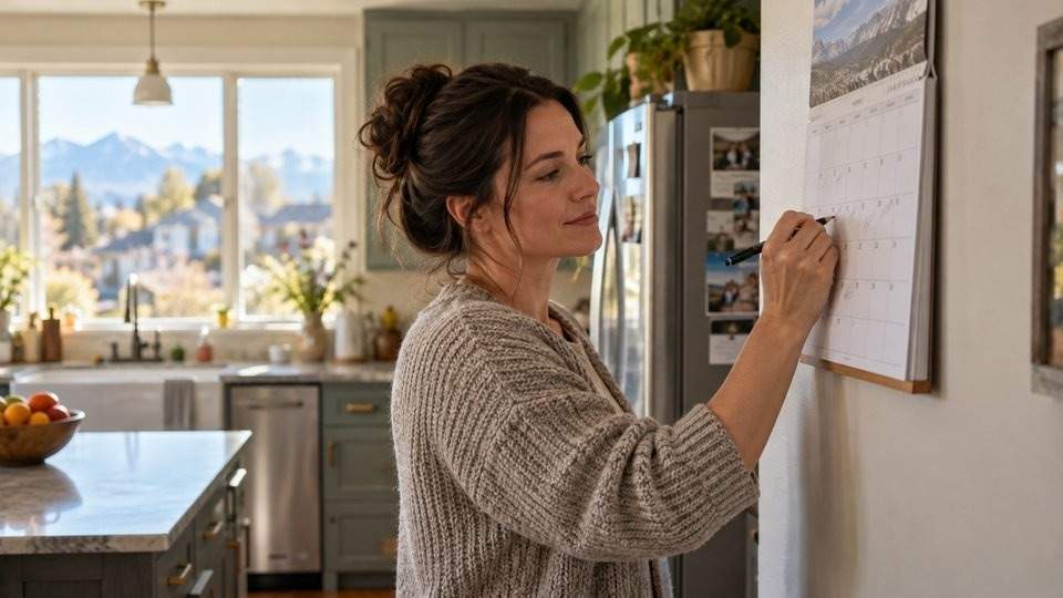 Woman marking a wall calendar at home, tracking her mood during the months of sober depression.