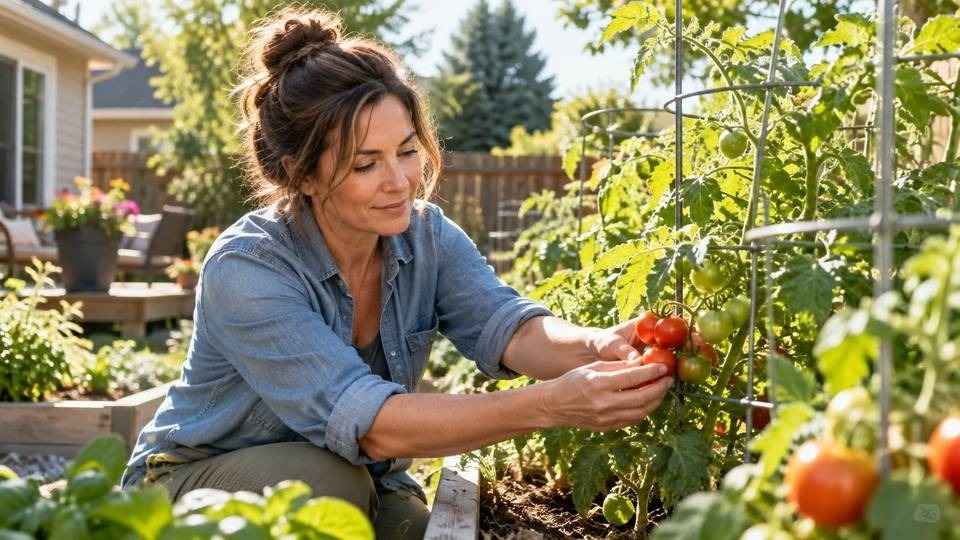 Woman tending her garden as a small daily pleasure while working through anhedonia symptoms.