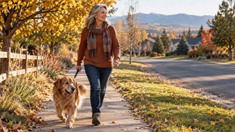 Woman walking her dog, a daily routine that helps with three months sober low mood.